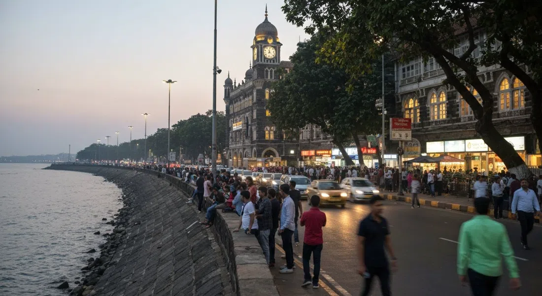 fans reunidos frente a Mannat de Shah Rukh Khan en Bandstand al atardecer, muro del mar y tráfico vespertino en el encuadre