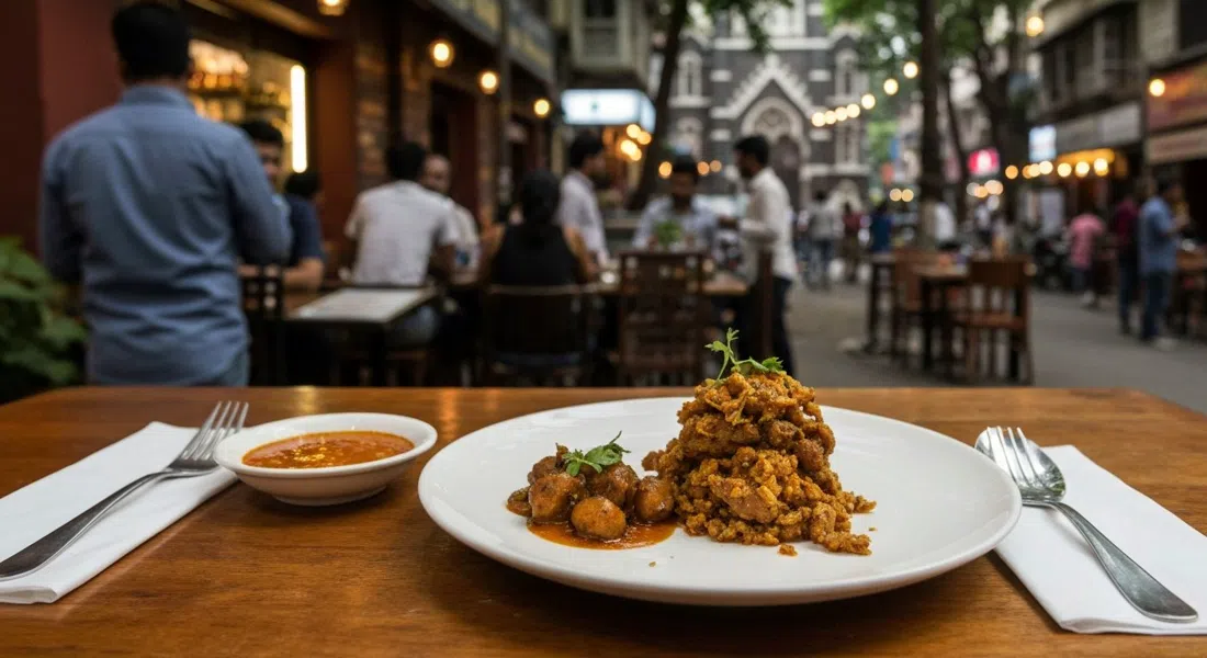 un plato pequeño emplatado de Bandra Born en Chapel Road, presentación contemporánea con iluminación cálida y ambiente de bistró de barrio