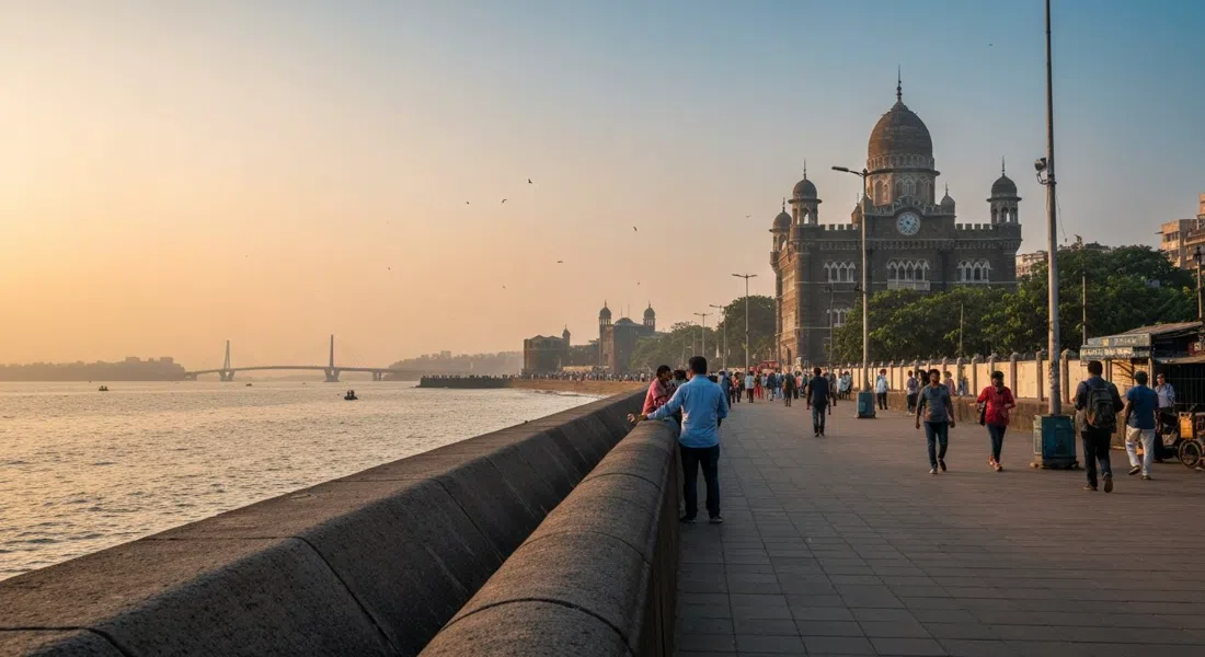 Paseo Marítimo de Bandstand al atardecer, peatones en el muro del mar con el Fuerte de Bandra y el Puente Bandra-Worli Sea Link visibles a lo lejos