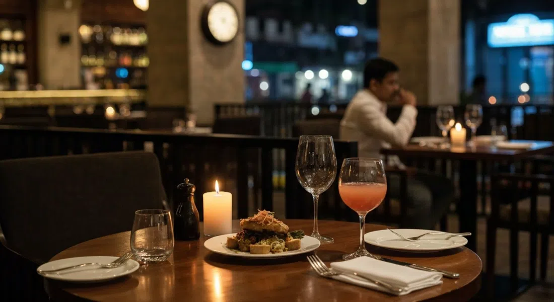 una mesa iluminada con velas en The Table cerca de Apollo Bunder, pequeños platos de temporada y cócteles en un interior de restaurante de dos niveles pulido