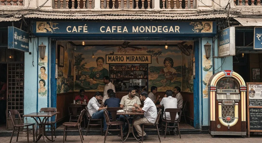 la fachada pintada y el bullicio interior de Cafe Mondegar en Colaba Causeway, murales de Mario Miranda visibles sobre las mesas y una rocola funcional en la esquina