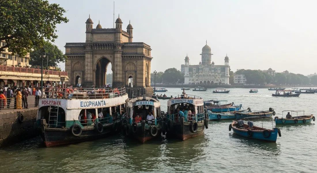 ferris públicos esperando junto al embarcadero del Gateway of India para ir a Elefanta, pequeños barcos en el puerto y el Taj Mahal Palace al fondo
