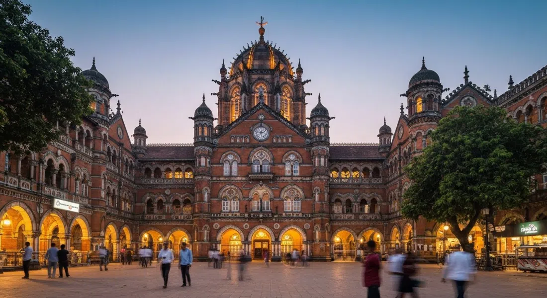 Fachada de Chhatrapati Shivaji Maharaj Terminus al amanecer, torretas y vidrieras brillando sobre el patio de la estación