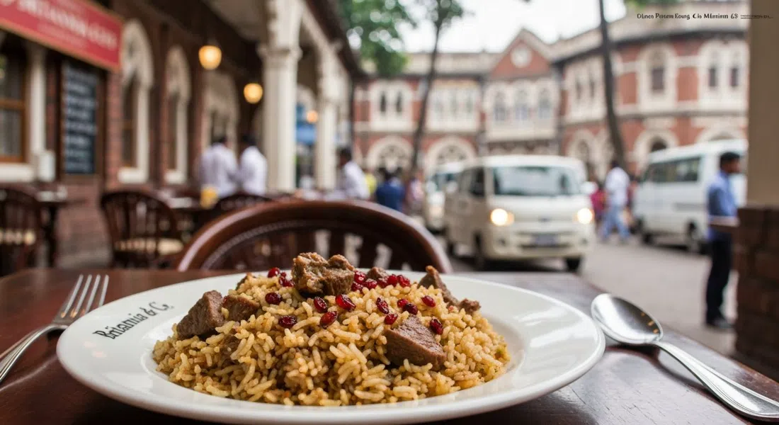 un plato de berry pulao de Britannia & Co. con cordero y agracejos, servido en el antiguo comedor de Ballard Estate bajo la suave luz del mediodía