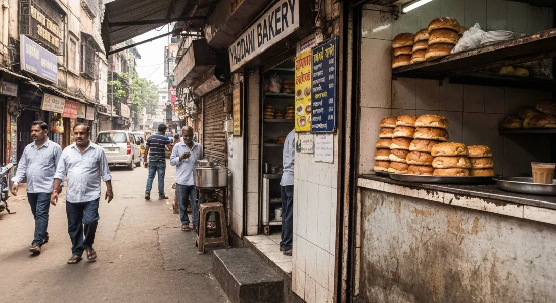 brun maska y té en Yazdani Bakery, la panadería iraní de horno de leña con bollos apilados y un mostrador desgastado a la luz de la mañana