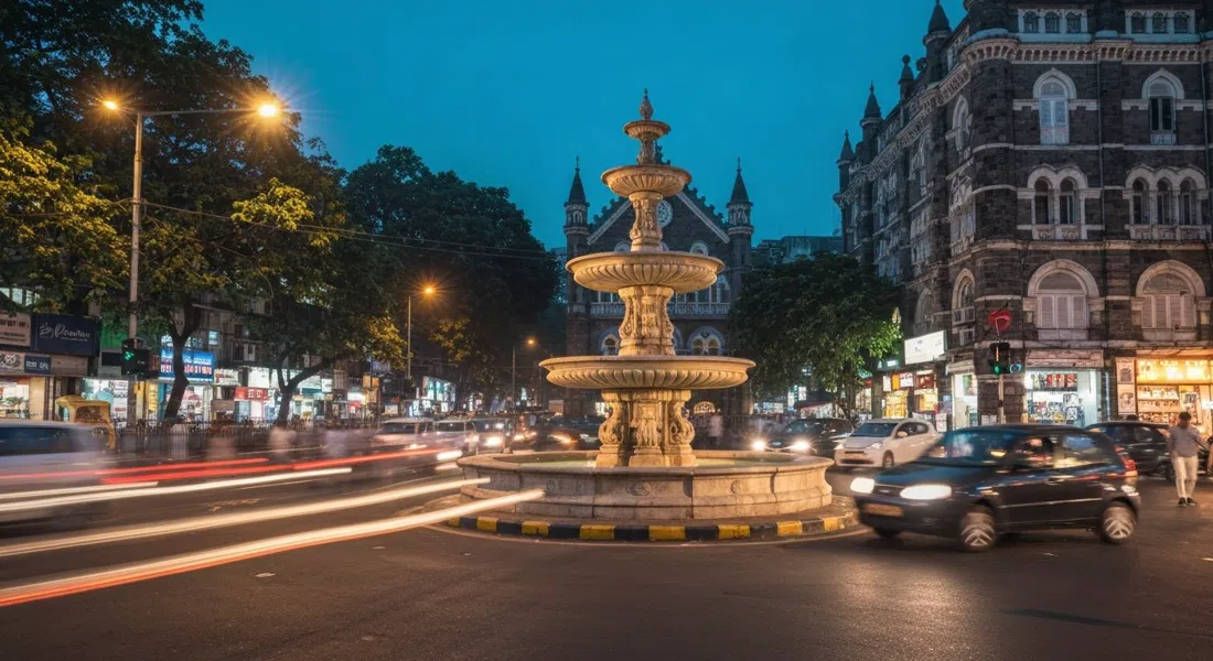 Fuente Flora en Hutatma Chowk después del anochecer, piedra de Portland iluminada en el cruce de cinco vías con el tráfico desdibujado alrededor