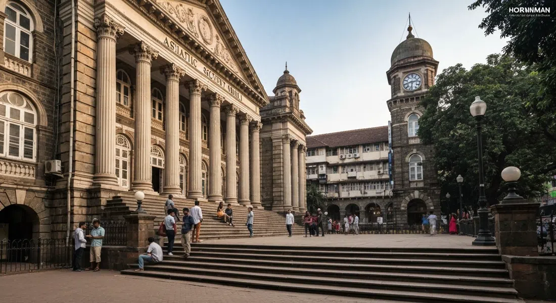 la Sociedad Asiática de Mumbai en el Ayuntamiento, con su escalinata de treinta columnas dóricas elevándose sobre Horniman Circle al atardecer