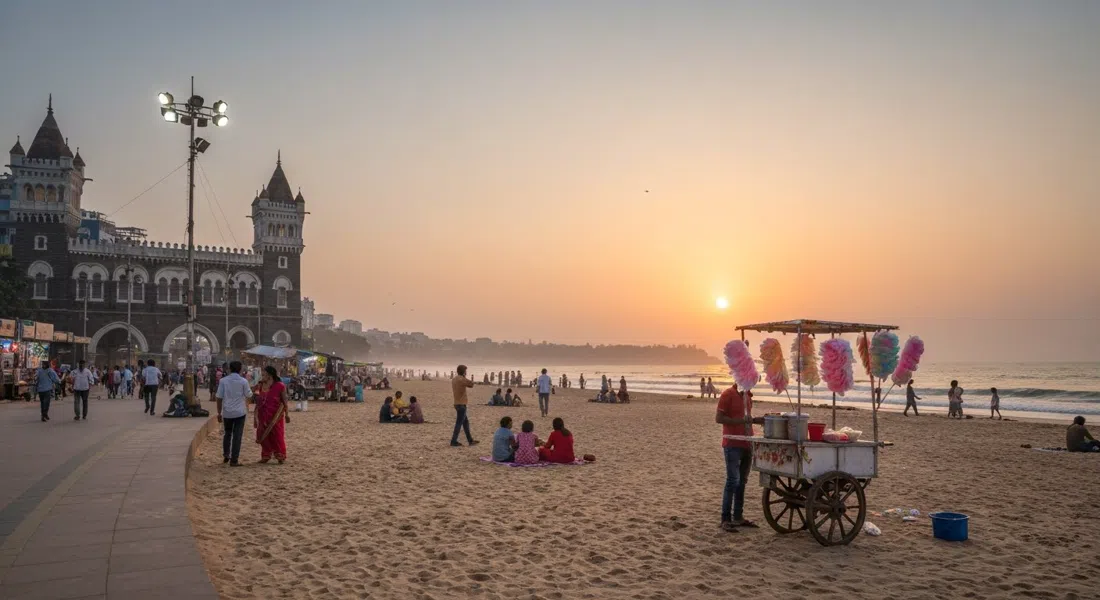 Atardecer en la playa de Juhu con familias en la arena, un vendedor de algodón de azúcar, y el mar Arábigo brillando más allá del paseo marítimo
