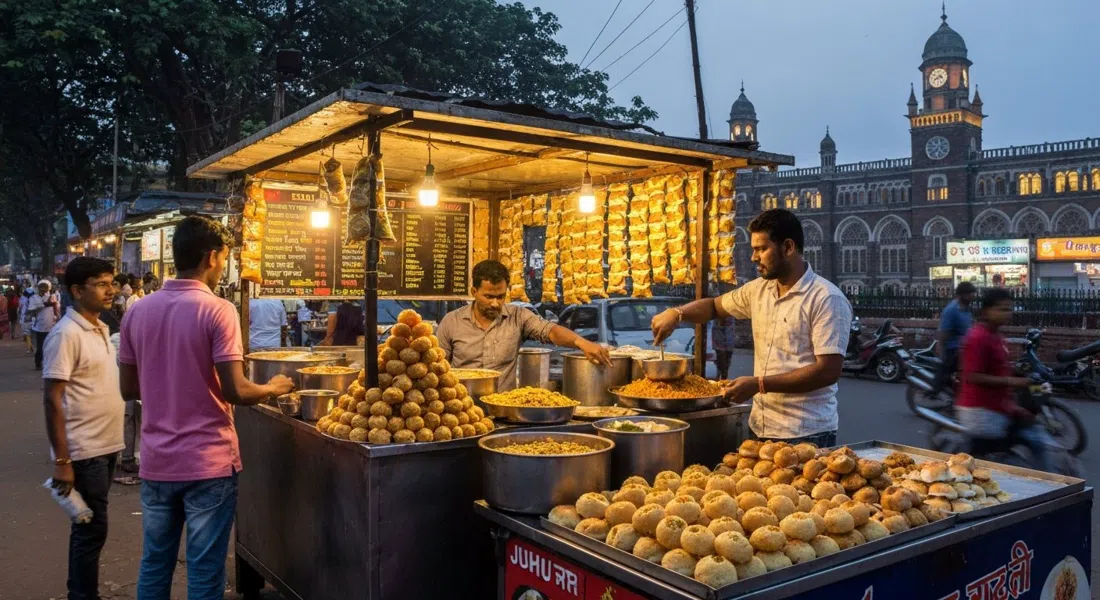 Un concurrido puesto de bocadillos de Juhu Chowpatty al atardecer con bhelpuri, sev puri, pav bhaji y un vendedor preparando chaat bajo luces cálidas