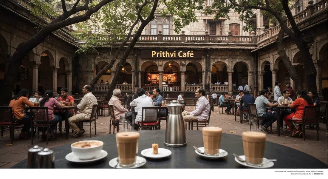 Prithvi Cafe en el patio de Janki Kutir con árboles arriba, vasos humeantes de chai y una multitud relajada al aire libre del teatro