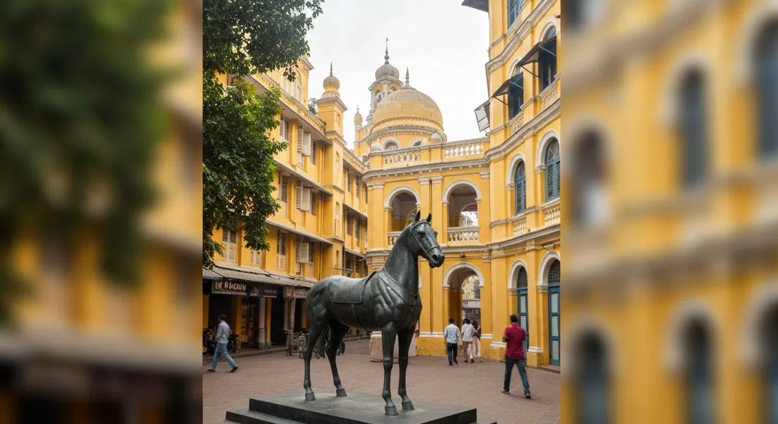 el Espíritu de Kala Ghoda, escultura de caballo sin jinete en el punto de encuentro del recinto, enmarcado contra edificios patrimoniales amarillos con suave luz matutina