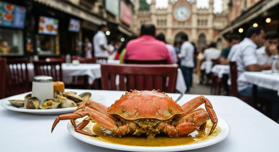 un cangrejo al ajo y mantequilla en Trishna en Sai Baba Marg, cáscara brillante y salsa acumulada en una mesa blanca en una sala de mariscos abarrotada