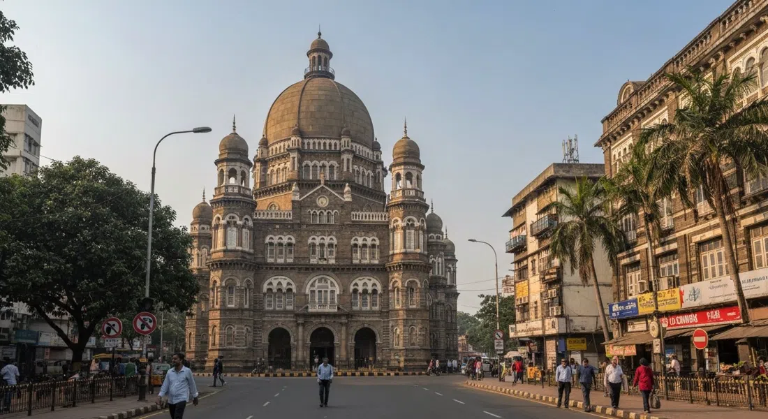 la fachada abovedada del Chhatrapati Shivaji Maharaj Vastu Sangrahalaya en MG Road, vista desde el nivel de la calle con brillante luz de media mañana