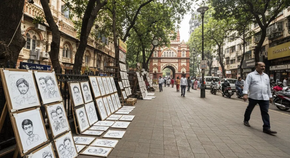 el mercado de arte en la acera exterior de la Galería de Arte Jehangir, con bocetos de caricaturas y acuarelas exhibidos a lo largo de la acera en sombra vespertina