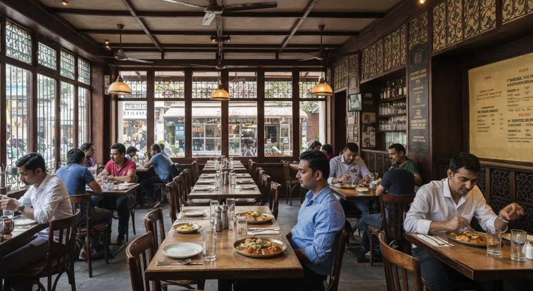 el comedor de The Bombay Canteen en Kamala Mills, luz cálida sobre platos indios regionales y un local animado y lleno