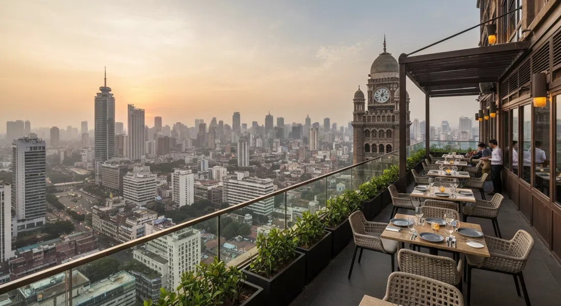 Asilo en el piso 40 del St. Regis Mumbai al atardecer, mesas al aire libre y el horizonte de Bombay cayendo abajo