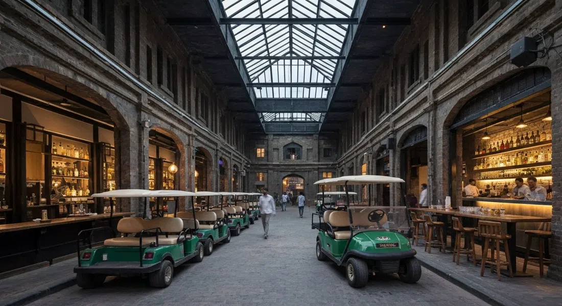 Late Checkout en Todi Mills, un antiguo almacén con claraboya, llegada en carrito de golf y detalles de coctelería en una luz vespertina
